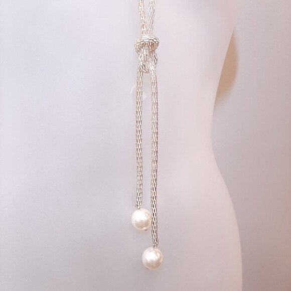 4Pc Set Faux Pearl Silver Chain Jewelry Lariat Knot Necklace Bracelet Tassel - Picture 11 of 13
